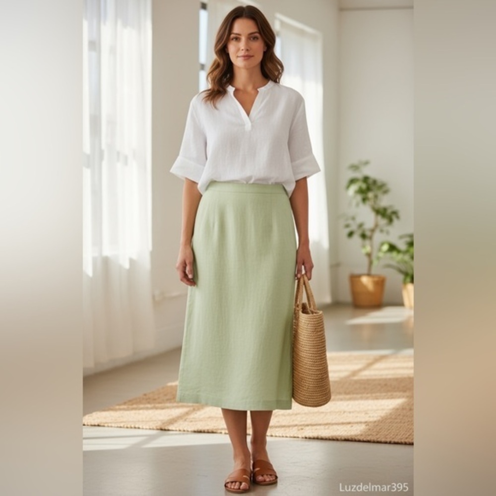 Parisian Works 100% Linen Sage Green Midi Skirt Petite PM